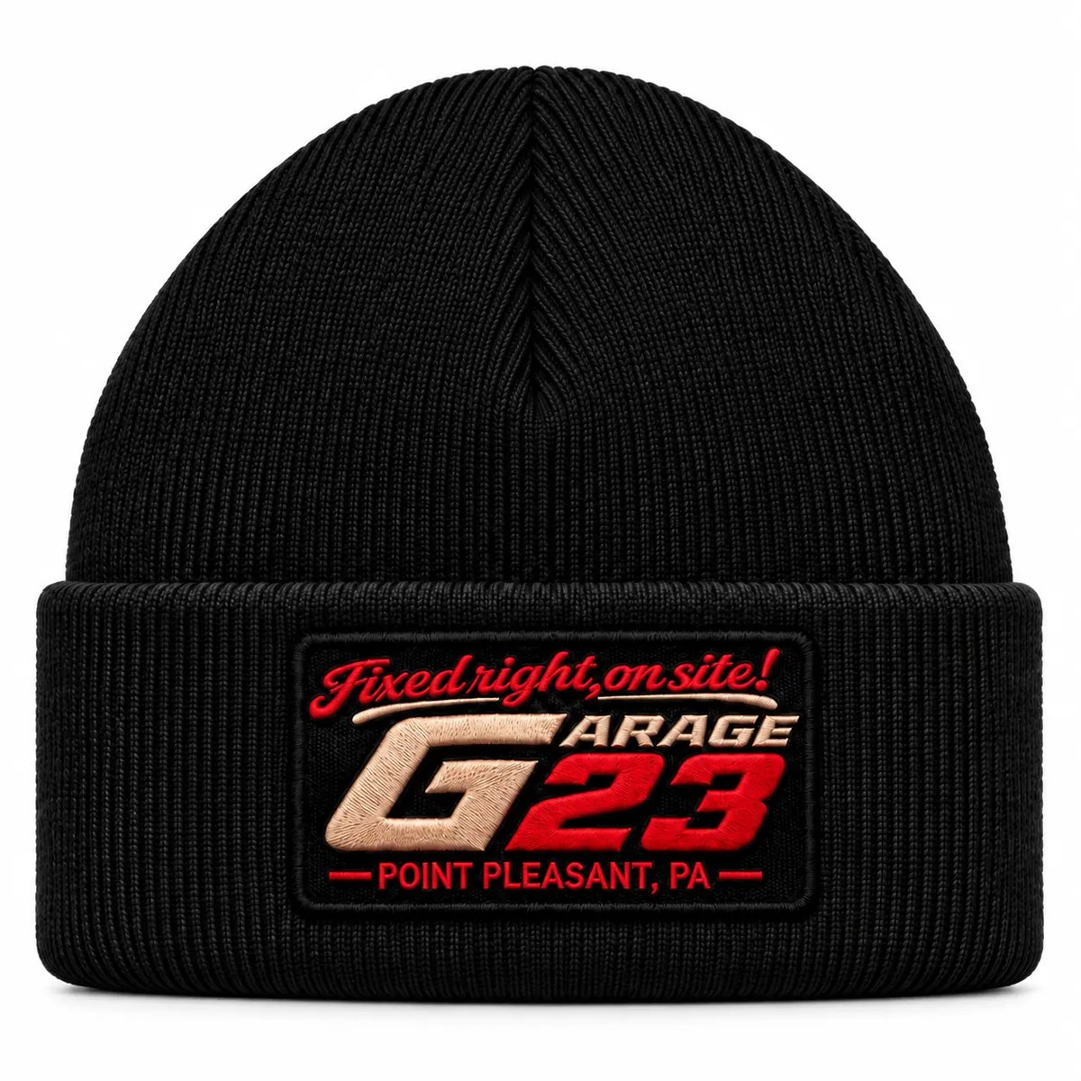 Garage 23 Patch Beanie in Black with embroidered logo patch