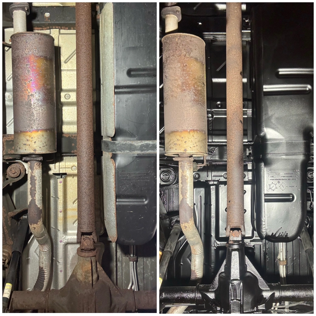 Before and after rust protection coating along an exhaust and underbody section