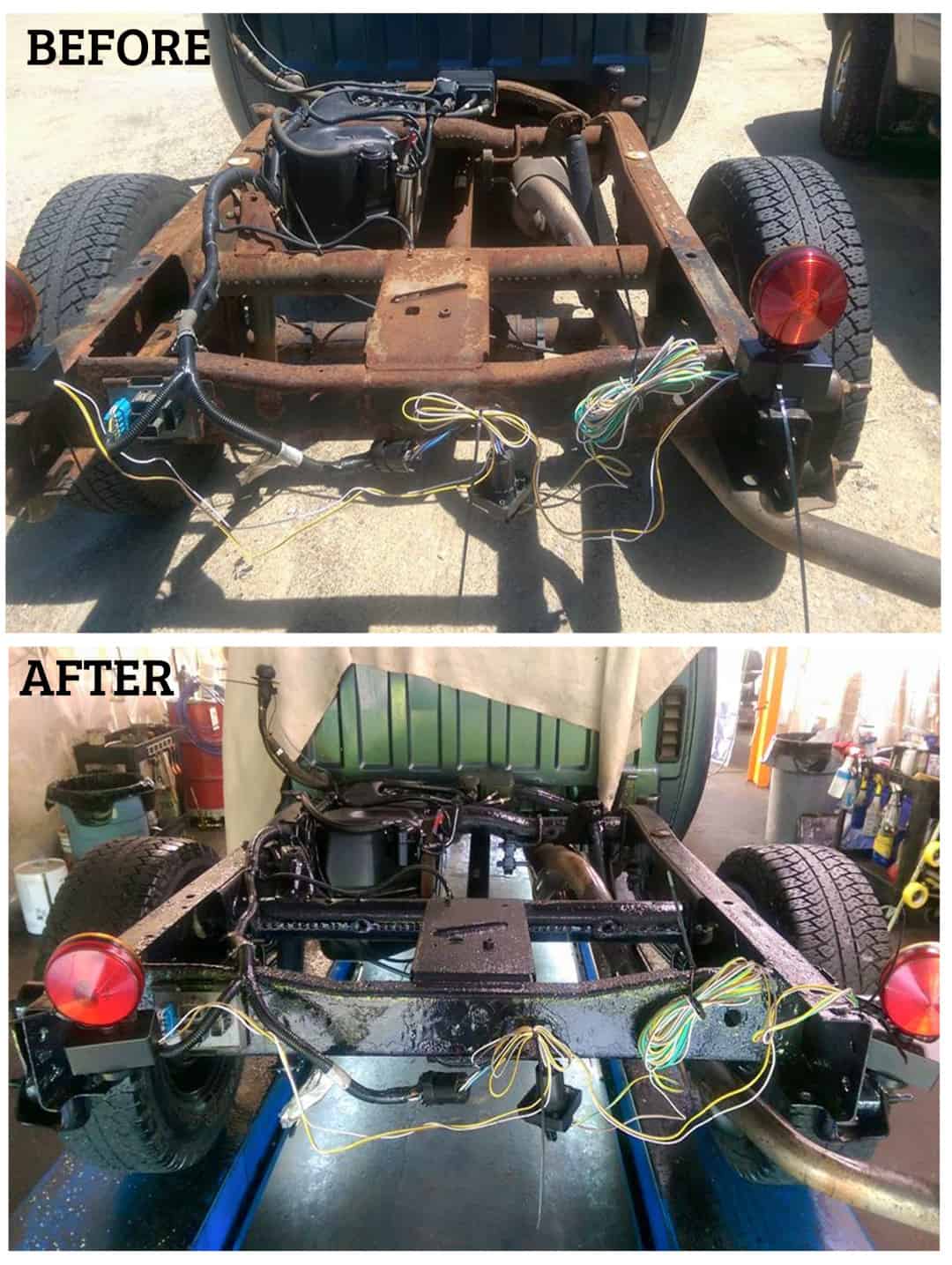 Before and after frame restoration and corrosion protection on a pickup truck chassis