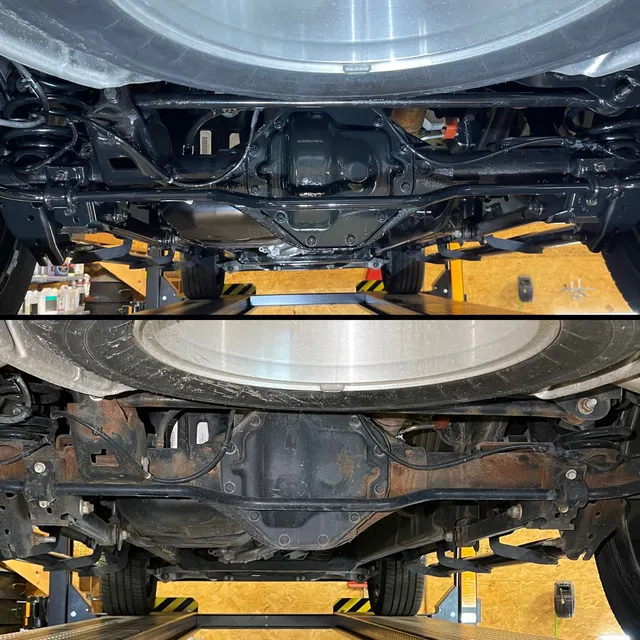 Before and after underbody coating on a 2019 Ram truck showing rust protection