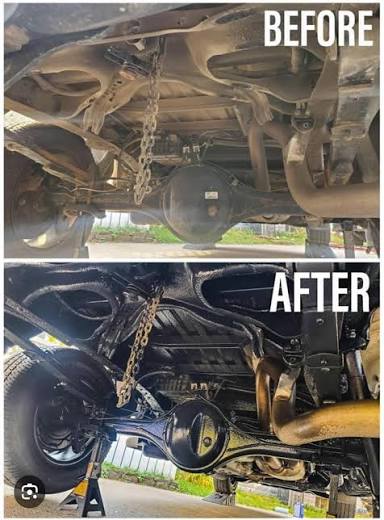 Before and after undercoating on a truck rear axle and undercarriage